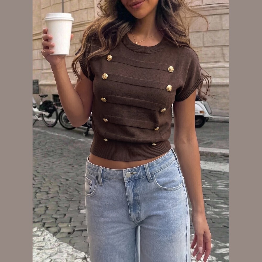 Brown Ribbed Knit Gold Faux Button Military Detail Crew Neck Sweater Vest